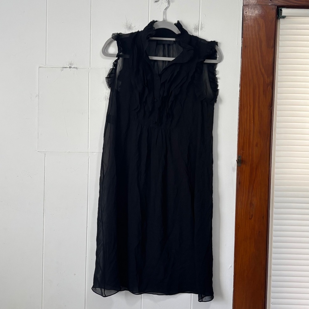 Derek Lam Black 100% Silk Ruffle Front Sleeveless Sheer Dress Made in Italy Sz 4